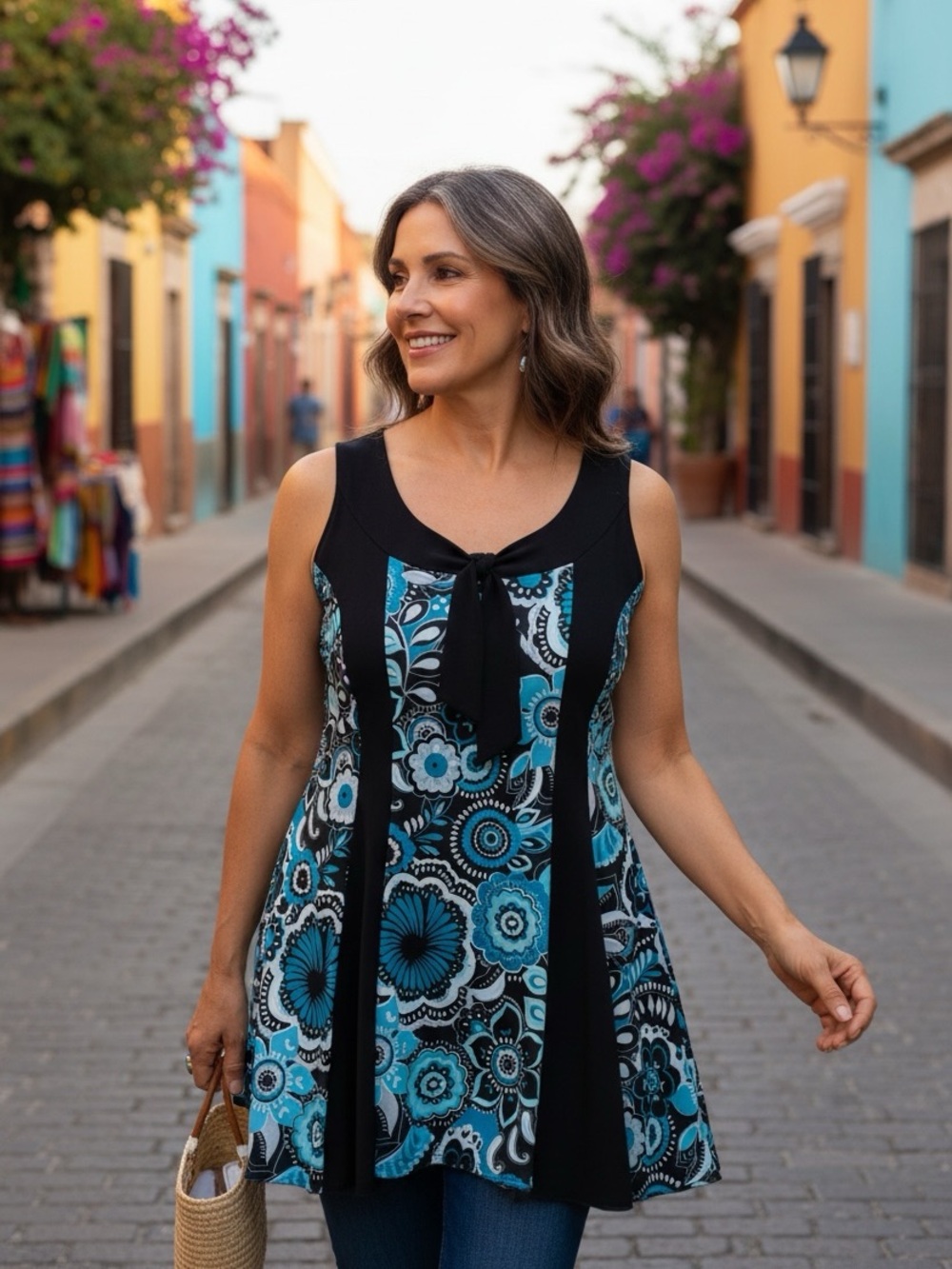 CLIENTELE Blue/BlackFlower Power Sleeveless A-Line Tunic Top